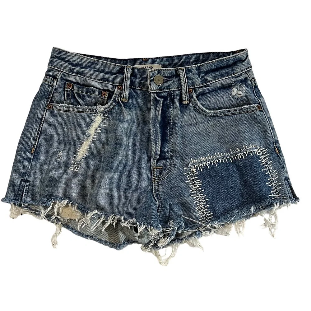 GRLFRND Cindy Fray Side Slit Button Fly Jean Shorts Patchwork High Rise Thrashed